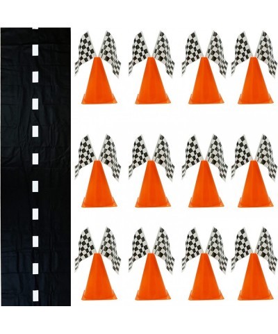 38 Pcs Set - 12 Traffic Cones With Hole on Top 24 Checkered Flags Racetrack Floor Runner - for For Race Car Birthday Party Su...