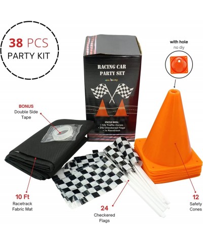 38 Pcs Set - 12 Traffic Cones With Hole on Top 24 Checkered Flags Racetrack Floor Runner - for For Race Car Birthday Party Su...