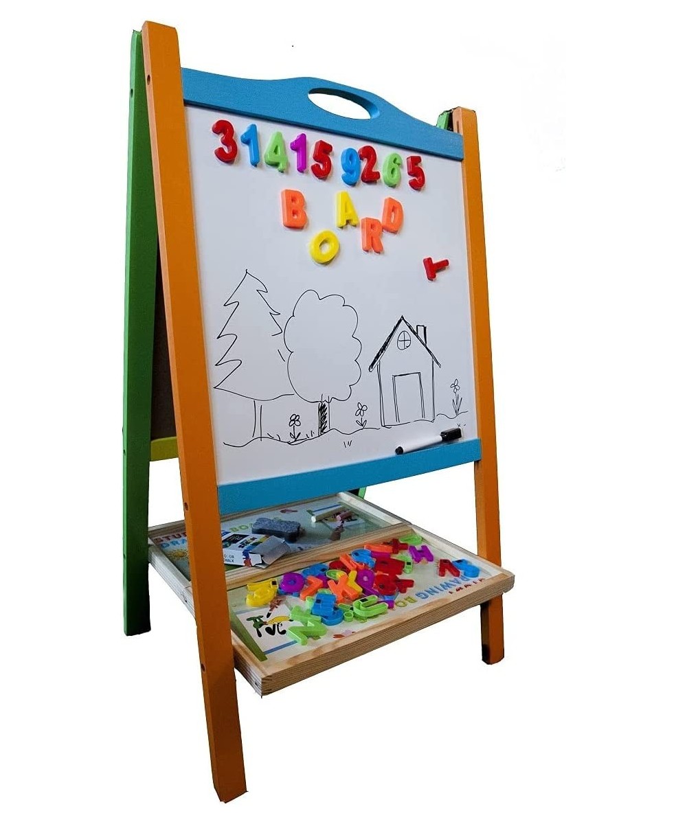 Double Sided Wooden Art Easel for Kids Standing Magnetic Whiteboard Chalkboard Small Toddler Toys. Includes Wooden ABC Number...