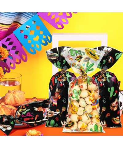 100 Pcs Mexican Candy Bags Fiesta Cellophane Treat Bags Cinco De Mayo Treat Bag Fiesta Goodie Party Favor Bag with 100 Gold T...