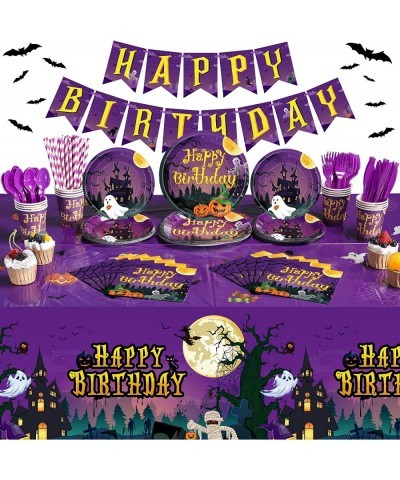 Pieces Halloween Birthday Party Set Banner Tablecloths Plates Cups Napkins Tableware Decorations for Kids Girls Boys Supplies...