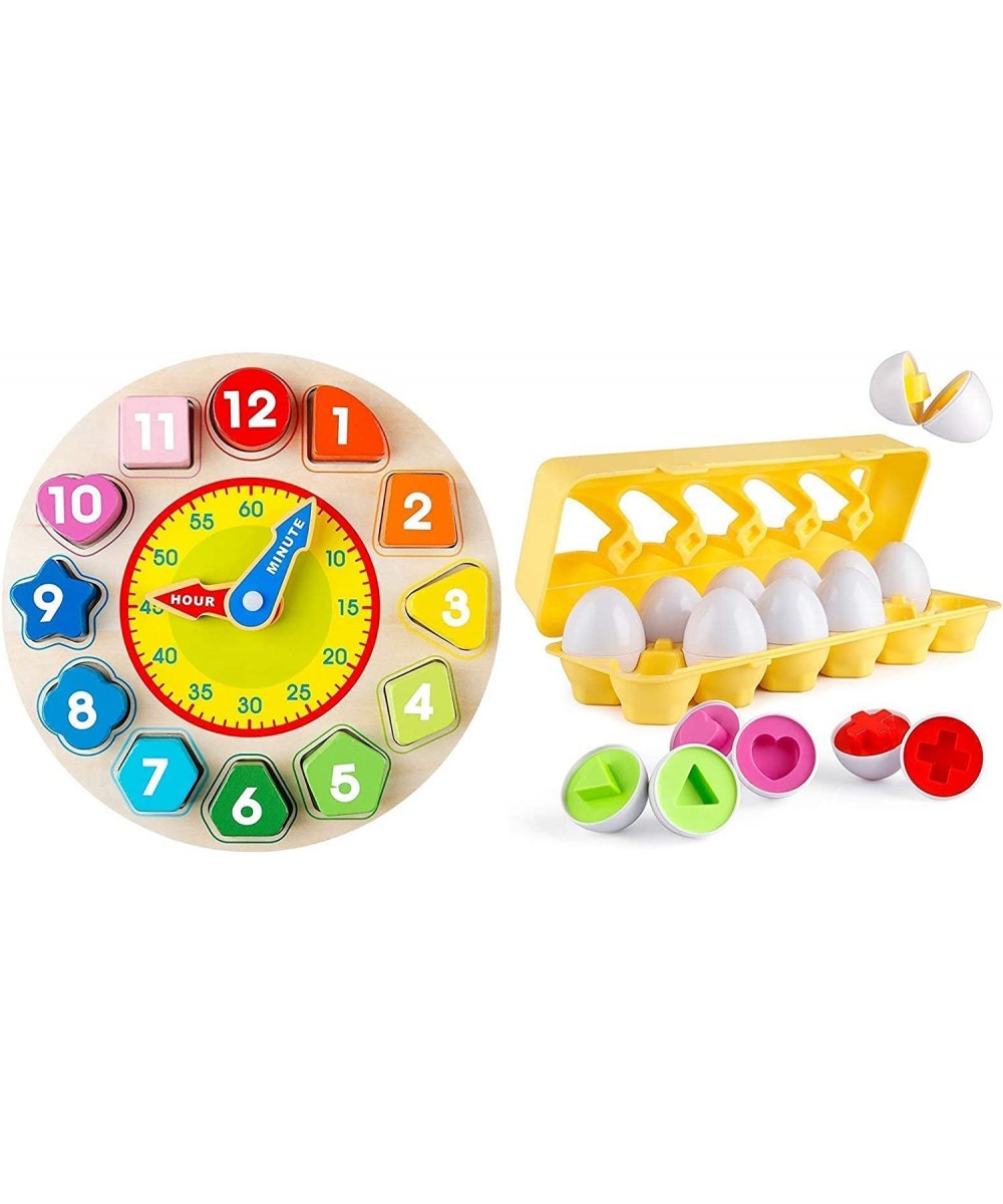 Wooden Shape Color Sorting Clock + Matching Eggs 12 pcs Set Color & Shape Recognition Sorter Puzzle $54.47 Early Development ...