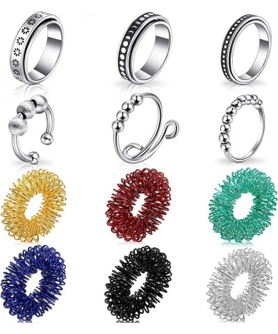 12 Pieces Fidget Anxiety Rings Including 6 Pieces Spiky Sensory Finger Rings Spinner Rings Anxiety Rings Zircon Ring with Bea...