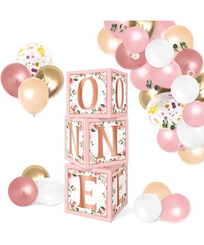 Rose Gold Floral One Balloons Boxes Decoration Baby First Birthday Backdrop Blocks Pink Flowers Photo Centerpieces One Year A...