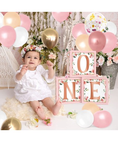 Rose Gold Floral One Balloons Boxes Decoration Baby First Birthday Backdrop Blocks Pink Flowers Photo Centerpieces One Year A...