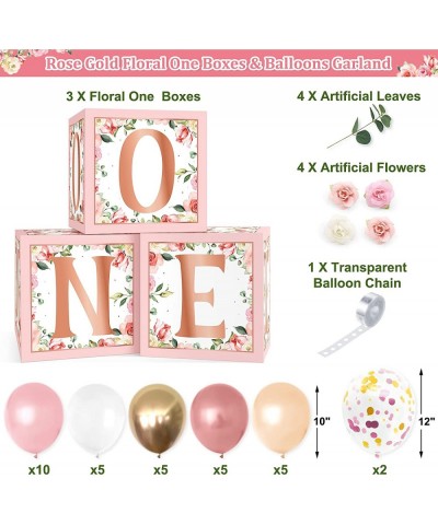 Rose Gold Floral One Balloons Boxes Decoration Baby First Birthday Backdrop Blocks Pink Flowers Photo Centerpieces One Year A...