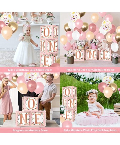 Rose Gold Floral One Balloons Boxes Decoration Baby First Birthday Backdrop Blocks Pink Flowers Photo Centerpieces One Year A...