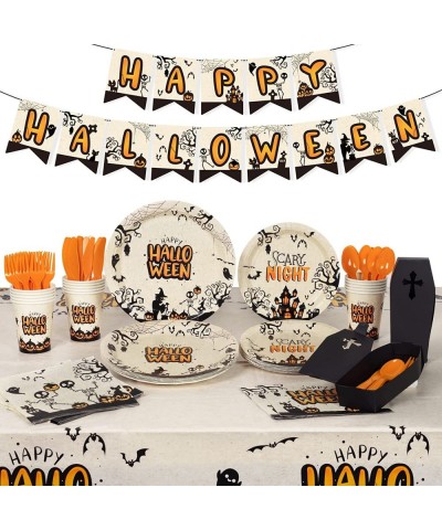 Halloween Party Supplies Serves 16 Halloween Tableware Includes Plates and Napkins Cutlery Boxes Tablecloth Banner for Birthd...