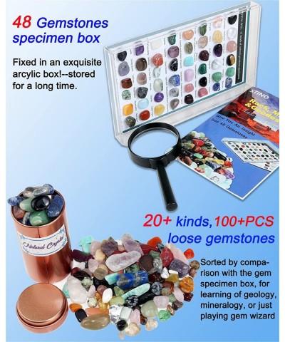 Rocks Gemstones and Crystal Collection for Kids Minerals & Geology Kit - 48PCs Gems Specimen Box 20+ Kinds Loose Rocks and Ge...