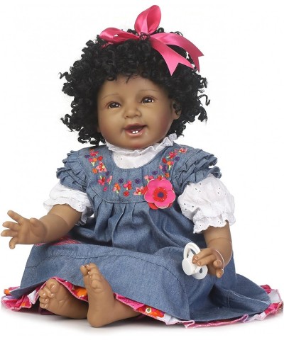 Reborn Baby Doll Girl 22inch Realistic Soft Silicone Baby Newborn Black Doll African American Black Curly Hair Denim Dress Gi...