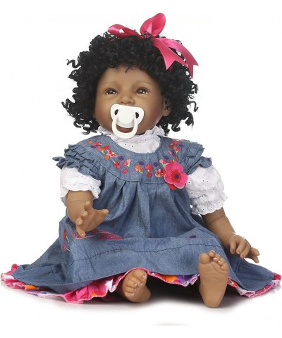 Reborn Baby Doll Girl 22inch Realistic Soft Silicone Baby Newborn Black Doll African American Black Curly Hair Denim Dress Gi...