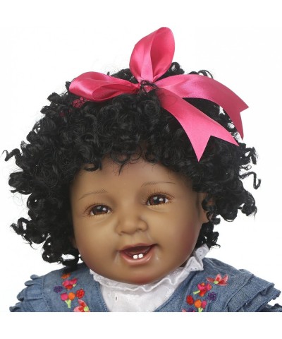 Reborn Baby Doll Girl 22inch Realistic Soft Silicone Baby Newborn Black Doll African American Black Curly Hair Denim Dress Gi...