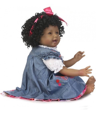 Reborn Baby Doll Girl 22inch Realistic Soft Silicone Baby Newborn Black Doll African American Black Curly Hair Denim Dress Gi...