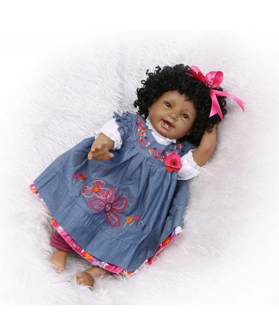 Reborn Baby Doll Girl 22inch Realistic Soft Silicone Baby Newborn Black Doll African American Black Curly Hair Denim Dress Gi...