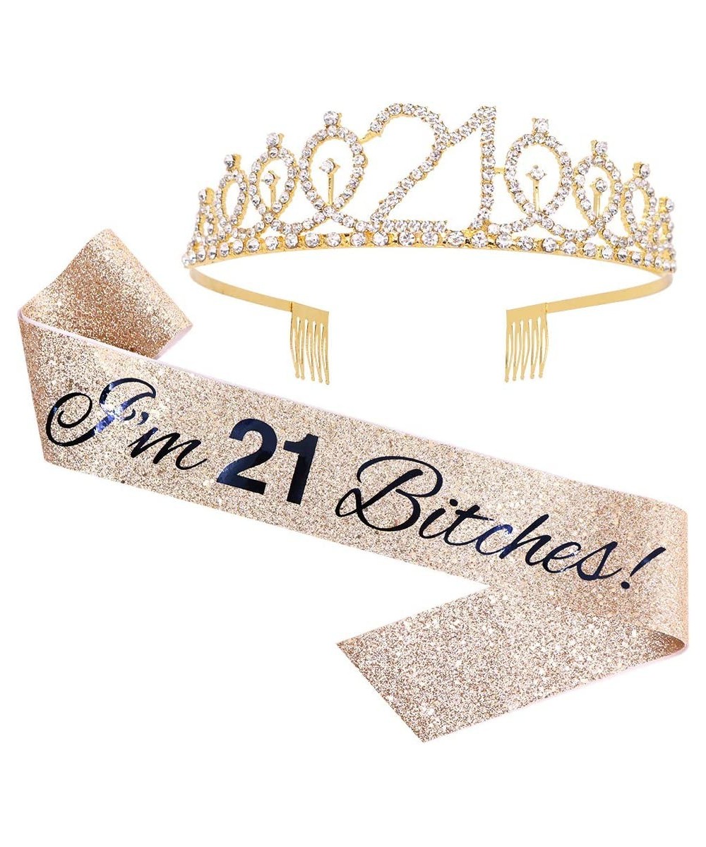 I'm 21 Bitches!" Sash & Rhinestone Tiara Set - 21st Birthday Gifts Birthday Sash for Women Fun Party Favors Birthday Party Su...