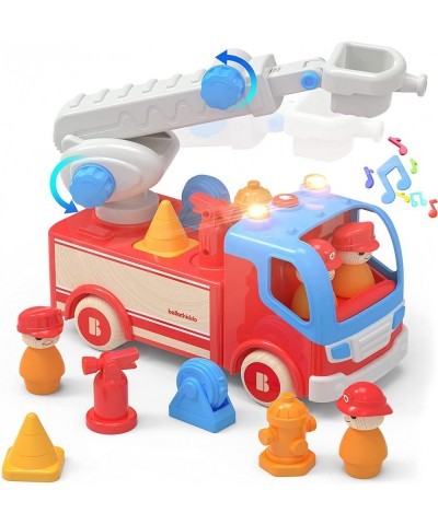 Fire Truck Toy - Toddler Wooden Fire Truck with Removable Accessories Lights & Sound Effects Kids Wooden Toy Cars Shape Sorte...