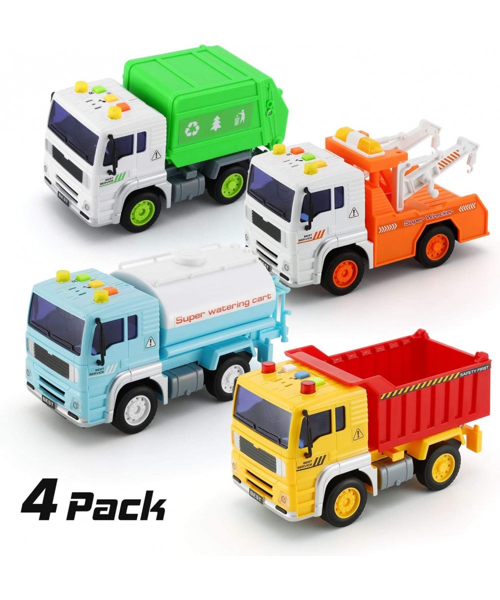 4 Pack City Service Vehicle Car Truck Toy Set - Tow Truck Dump Truck Sprinkler and Garbage Truck - with Friction Powered Whee...