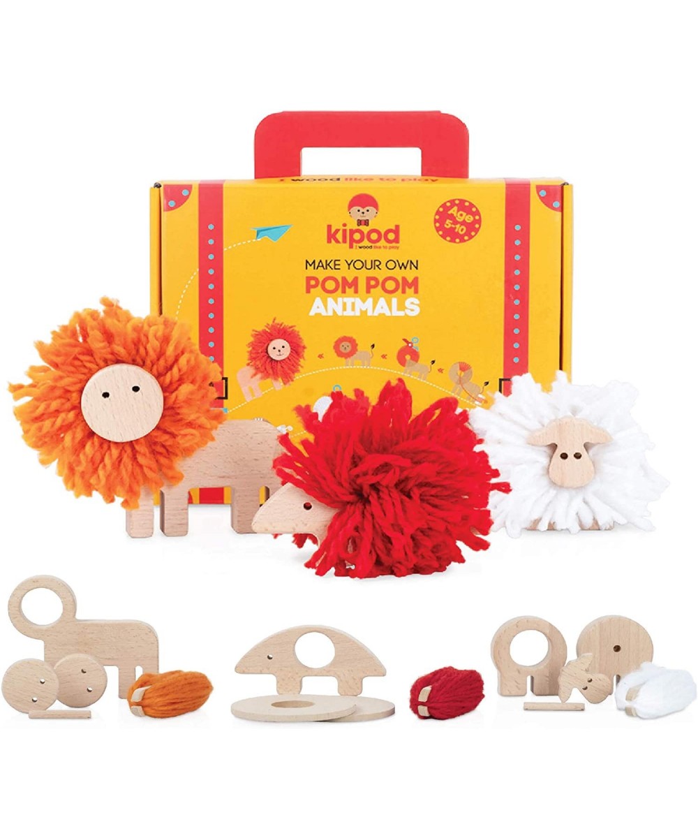 Pompom Animals Wooden Toys Kit – DIY Lion Porcupine and Sheep Arts and Crafts Pom Pom Kit for Kids Ages 5-10 Years Old– Monte...