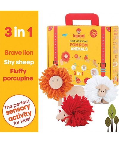 Pompom Animals Wooden Toys Kit – DIY Lion Porcupine and Sheep Arts and Crafts Pom Pom Kit for Kids Ages 5-10 Years Old– Monte...