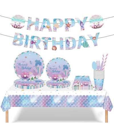 Mermaid Birthday Party Supplies and Decorations Set Paper Plates Paper Cups Napkins Straws Cutlery Tablecloth and Happy Birth...