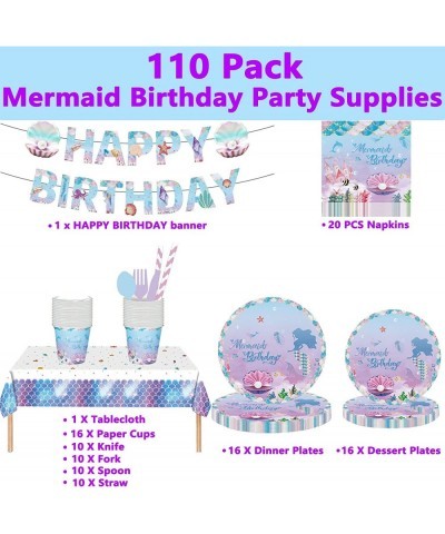 Mermaid Birthday Party Supplies and Decorations Set Paper Plates Paper Cups Napkins Straws Cutlery Tablecloth and Happy Birth...