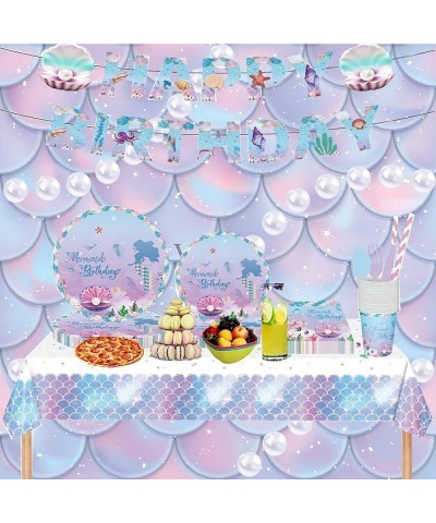 Mermaid Birthday Party Supplies and Decorations Set Paper Plates Paper Cups Napkins Straws Cutlery Tablecloth and Happy Birth...