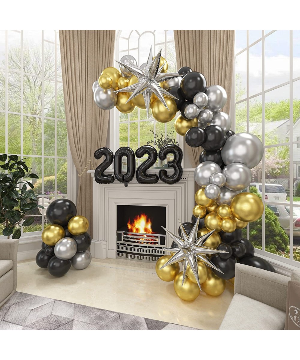 New Years Eve Balloon Garland Kit - Gold Black Silver Balloons with Star and 2023 Foil Balloon Cheers Happy New Year Decorati...