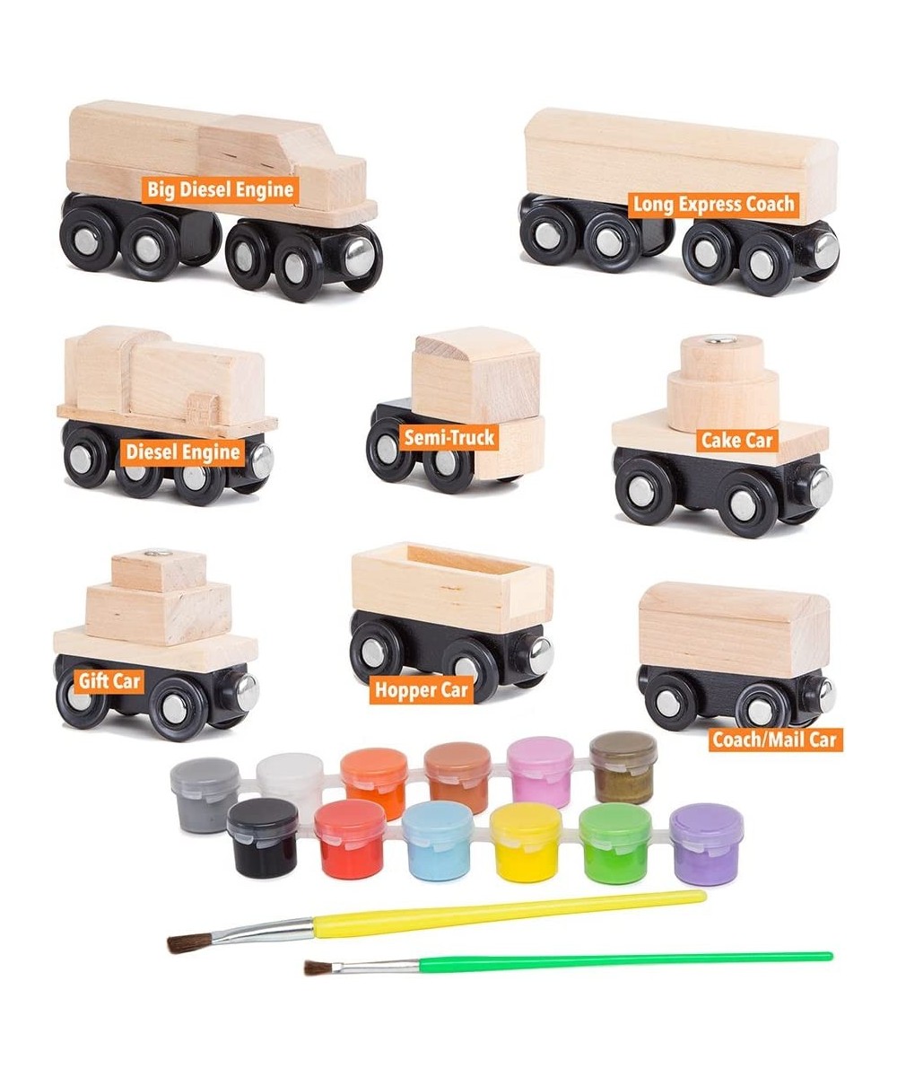 8 Unpainted Train Cars with 12 Colors Paint and Paint Brushes Set for Wooden Railway Compatible with Thomas Chuggington Brio ...