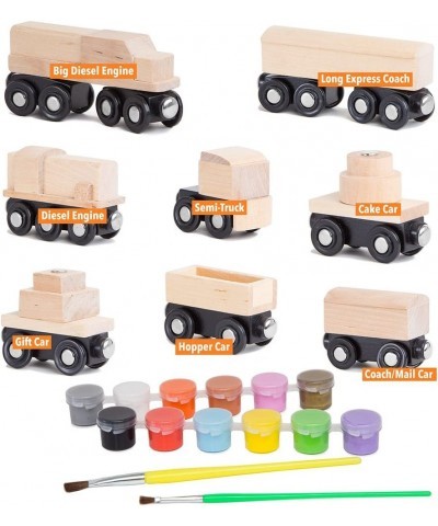 8 Unpainted Train Cars with 12 Colors Paint and Paint Brushes Set for Wooden Railway Compatible with Thomas Chuggington Brio ...