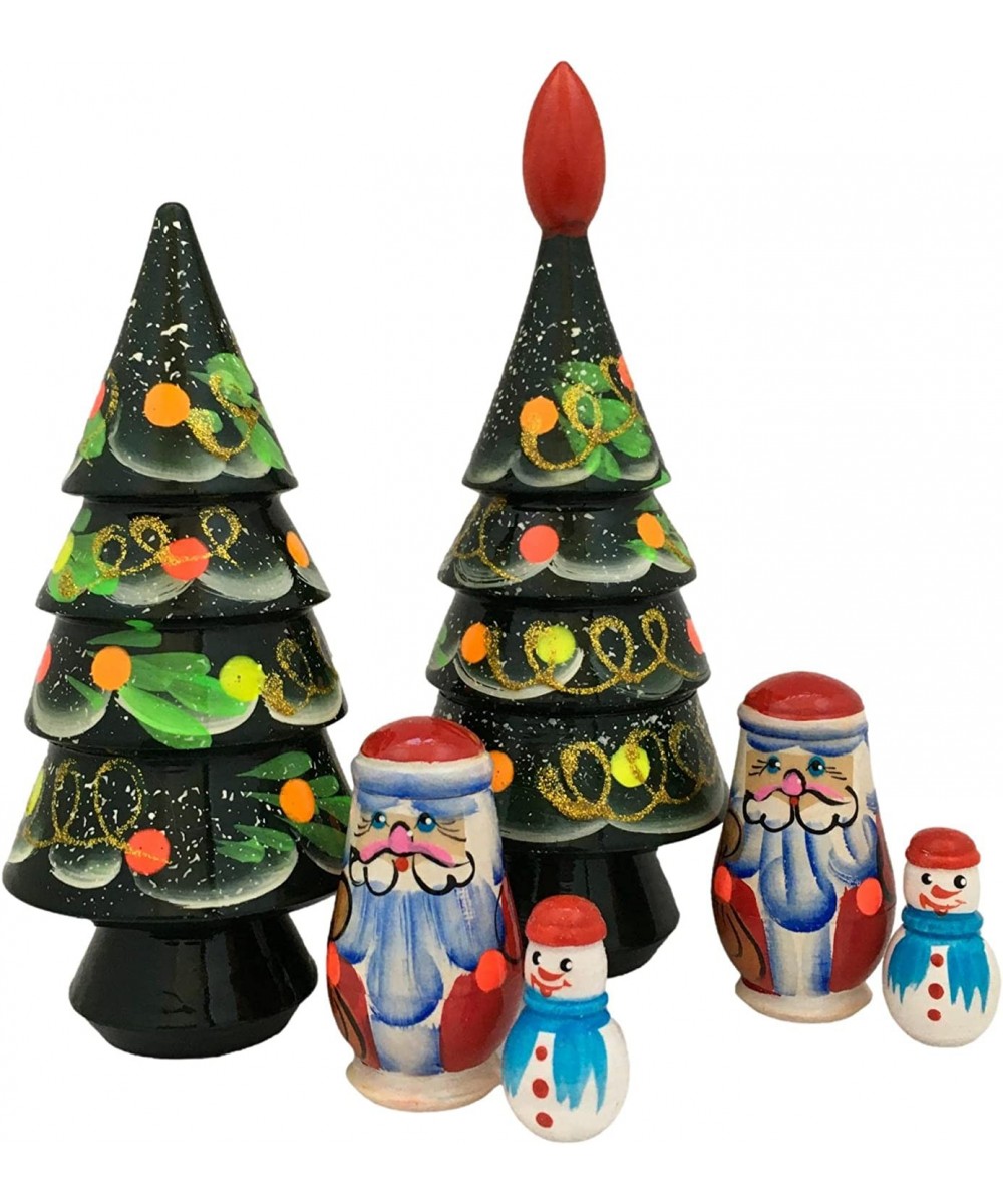 Lot of 2 Sets Nesting Stacking Wooden Dolls Christmas Tree Santa Snowman Hand Painted Matryoshka Babushka Russian Ethnic Art ...