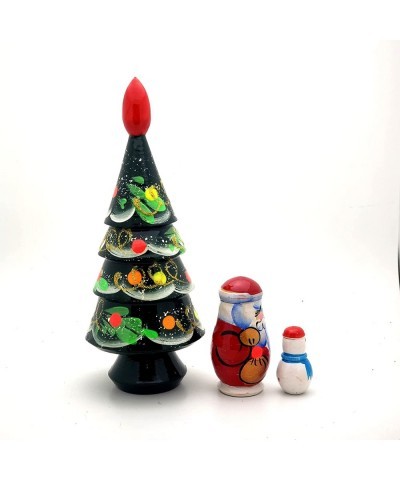 Lot of 2 Sets Nesting Stacking Wooden Dolls Christmas Tree Santa Snowman Hand Painted Matryoshka Babushka Russian Ethnic Art ...