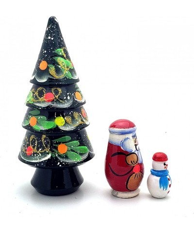 Lot of 2 Sets Nesting Stacking Wooden Dolls Christmas Tree Santa Snowman Hand Painted Matryoshka Babushka Russian Ethnic Art ...