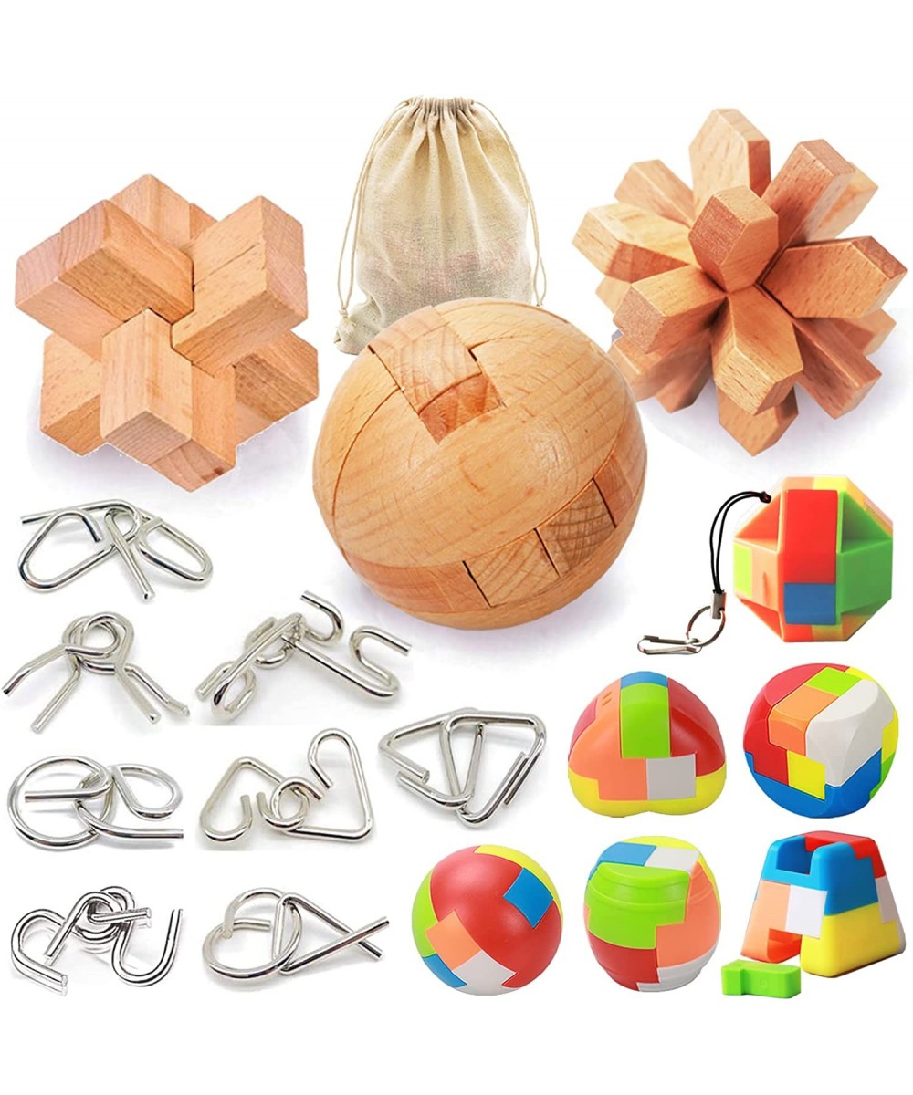 17 Pack Brain Teasers Puzzles for Kids & Adults Brain Teasers Metal and Wooden IQ Puzzle Toys Mind Game 3D Coil Cast Wire Unl...