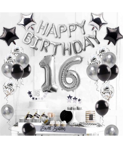 Sweet 16 Birthday Decorations Supplies – Silver Black 16th Birthday Party Number 16 Balloon Happy Birthday Banner Cake Topper...