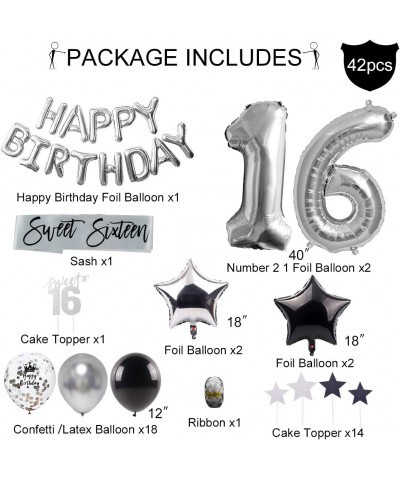 Sweet 16 Birthday Decorations Supplies – Silver Black 16th Birthday Party Number 16 Balloon Happy Birthday Banner Cake Topper...