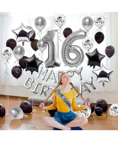 Sweet 16 Birthday Decorations Supplies – Silver Black 16th Birthday Party Number 16 Balloon Happy Birthday Banner Cake Topper...