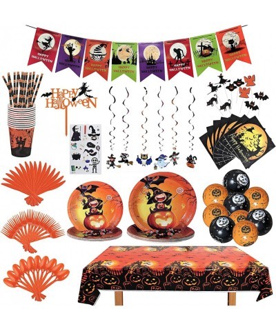 175Pcs Halloween Party Supplies Decorations Tableware Set Halloween Tablecloth 54" x 108" Pumpkin Witch Party Dinner Plates N...