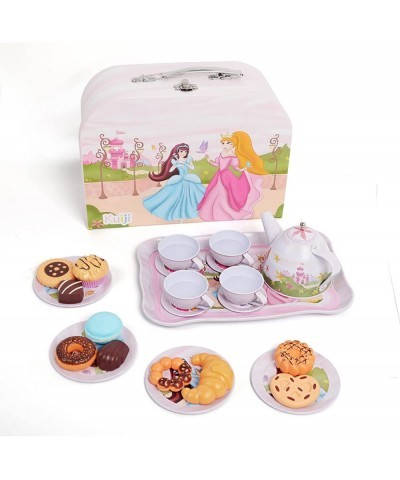 Pretend Tin Tea Party Set for Little Girls Metal Teapot Cups Set with Carrying Case and Mini Cupcake Pretend Play Food Includ...