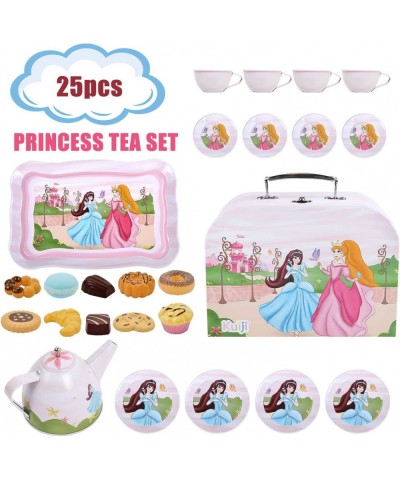 Pretend Tin Tea Party Set for Little Girls Metal Teapot Cups Set with Carrying Case and Mini Cupcake Pretend Play Food Includ...