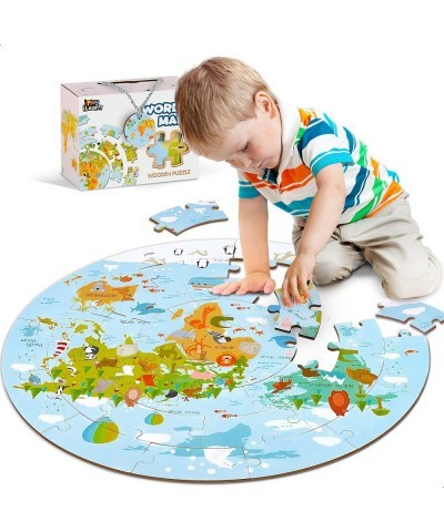 Floor Puzzles for Kids Ages 3-5 4-8 Toddlers Wooden Jigsaw Puzzles Round World Map Puzzle Toy W/Large Pieces Geography Educat...