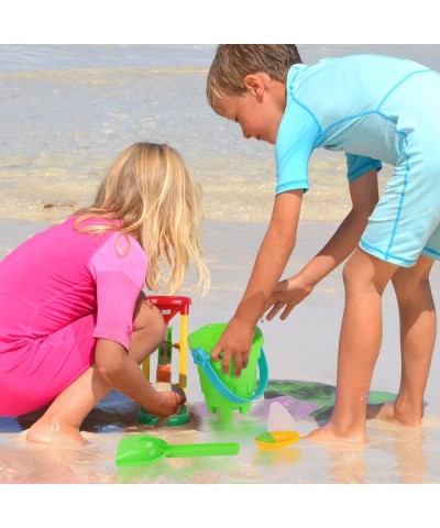 Double Sand Wheel Beach Toy Set for Kids with Bucket Shovels Rakes Sailboat and 3 Shape Molds $23.43 Sandboxes & Beach Toys