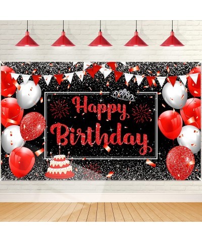 Red Black Silver Happy Birthday Decorations Banner Red Black Birthday Sign Large Red Black Silver Birthday Photo Booth Backdr...