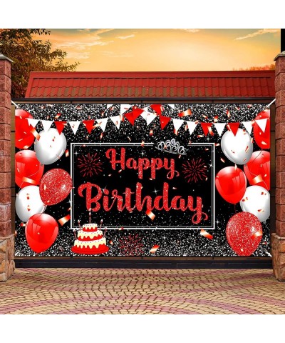 Red Black Silver Happy Birthday Decorations Banner Red Black Birthday Sign Large Red Black Silver Birthday Photo Booth Backdr...