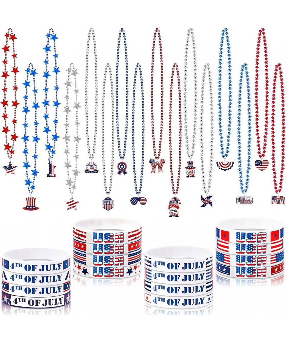 16 Pieces Patriotic Beads Necklaces with 16 Pieces 4th July Wristbands American Flag Theme Metallic Beads Bracelets for Indep...