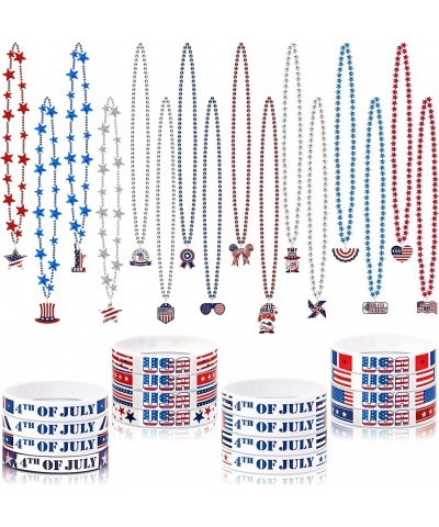 16 Pieces Patriotic Beads Necklaces with 16 Pieces 4th July Wristbands American Flag Theme Metallic Beads Bracelets for Indep...