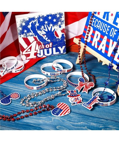 16 Pieces Patriotic Beads Necklaces with 16 Pieces 4th July Wristbands American Flag Theme Metallic Beads Bracelets for Indep...