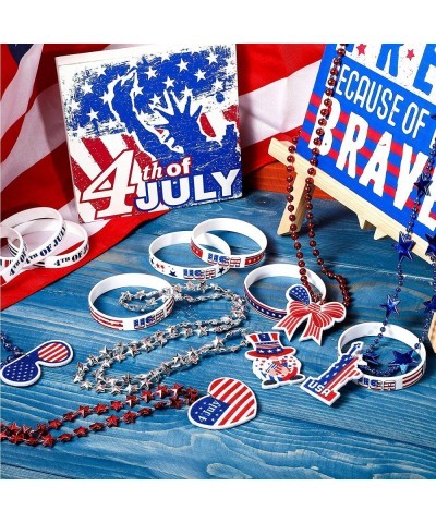 16 Pieces Patriotic Beads Necklaces with 16 Pieces 4th July Wristbands American Flag Theme Metallic Beads Bracelets for Indep...