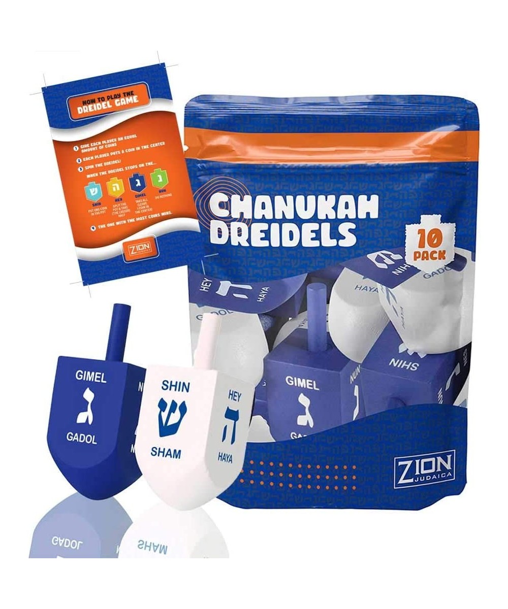 Hanukkah X-Large 3" Blue/White Wood Dreidels with English Translation & Transliteration (10 Pack) $25.23 Novelty Spinning Tops