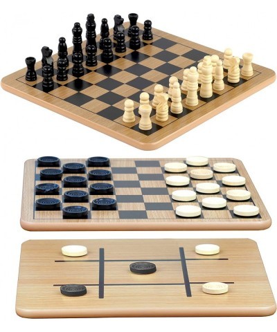 Reversible Wooden Board for Chess Checkers & Tic-Tac-Toe - 24 Interlocking Wooden Checkers and 32 Standard Chess Pieces - for...