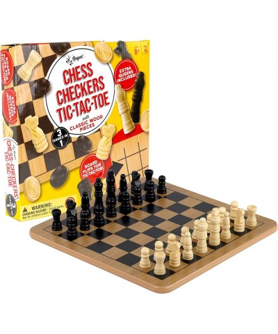 Reversible Wooden Board for Chess Checkers & Tic-Tac-Toe - 24 Interlocking Wooden Checkers and 32 Standard Chess Pieces - for...